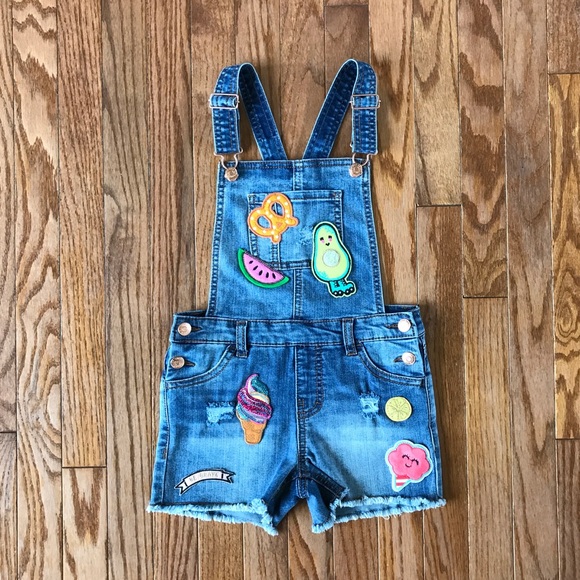 NWT! Cat&Jack Kids Girls distressed denim jean overalls shorts patches M 7/8 - Picture 6 of 14